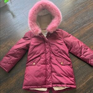 J Crew Girls Parka in burgandy with removable pink fur trim.